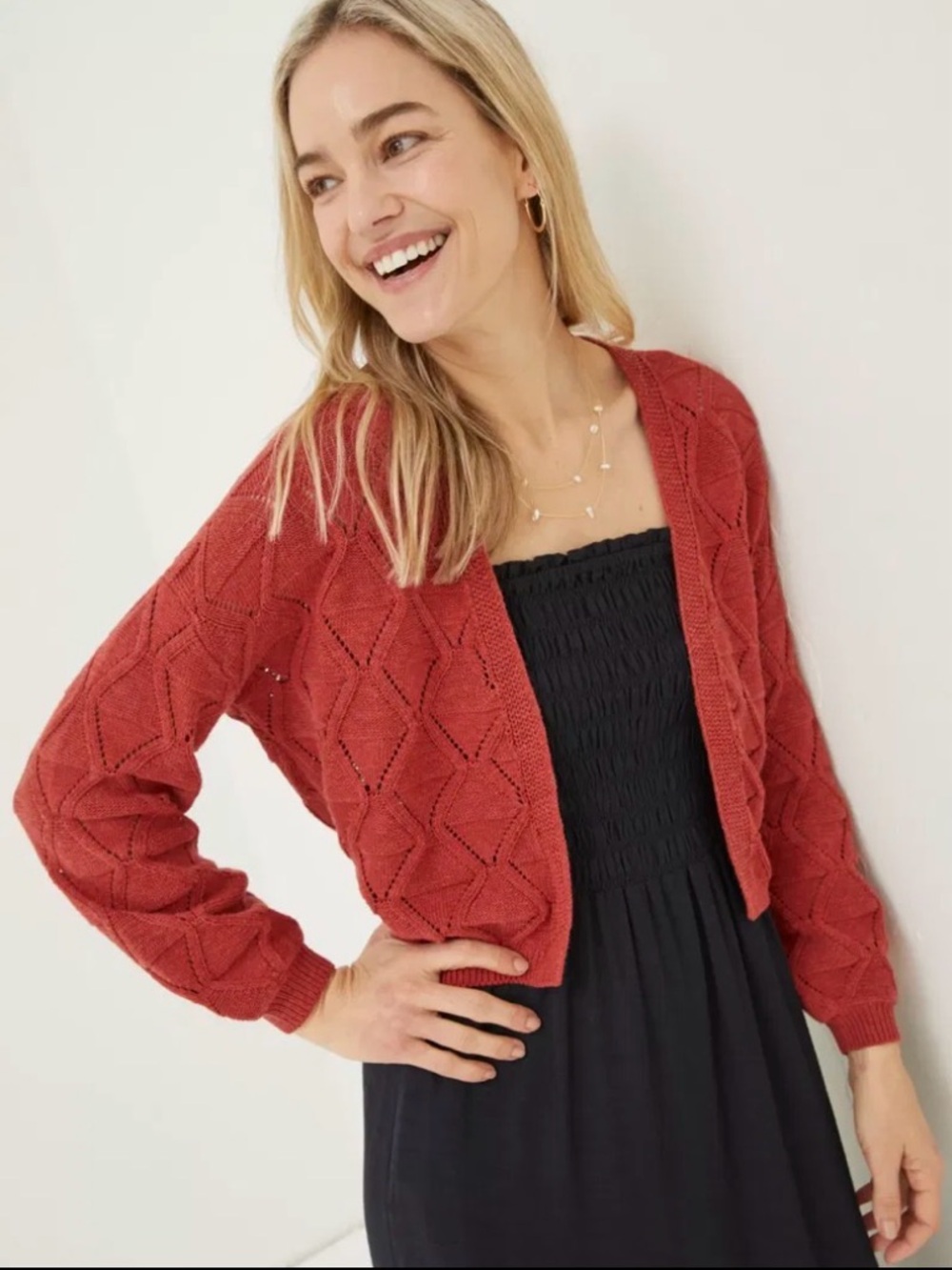 Fat Face Rust Open-Front Cropped Knit Cardigan
